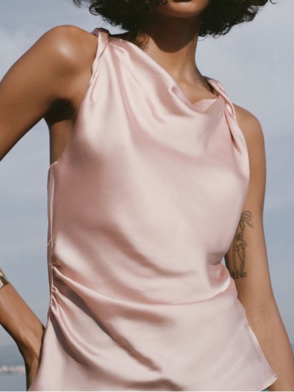 Zara Blush Pink Satin Effect Bias Cut Draped Top | Lovely | XS